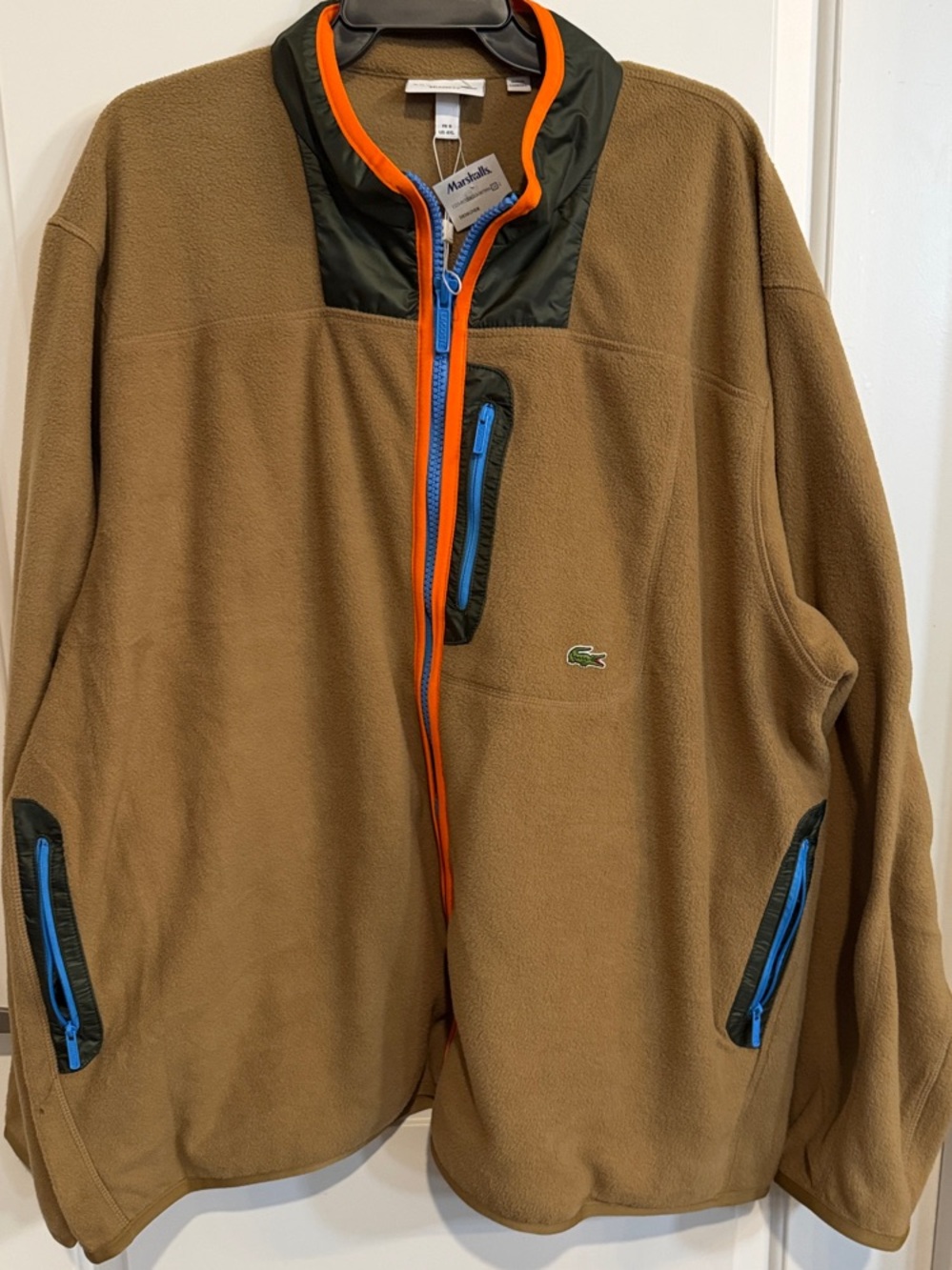 Lacoste Men's Tan Fleece Jacket with Blue and Orange Zips
